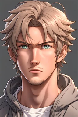 Anime tan-haired and gray-eyed, light-skinned casual male portrait, 8K resolution, high quality, ultra graphics, and detailed with lines.