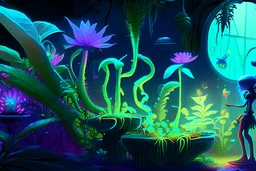 spaceship scene with a female humanoid plant made of vibrant, bioluminescent plant material. tending her garden on a spaceship Communicates through shifts in color and texture.