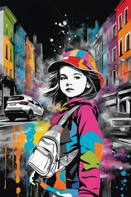 Mixed media picture, the background is black and white line art cityscape. In the middle a colorful photo of a little girl playing in the street, the girl is wearing colorful clothes, her hair is black. enhancing the contrast between her and the black and white cityscape, splash art