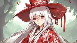 Female character from the game Ragnarok online. Shura class. Long white hair, red clothes with bandages on her arms, damaged kimono wearing a round damaged large top hat. Thorn clothes, gore, blood. Digital art.
