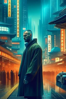 oriental man in a city like Blade Runner Film, future, acid rain