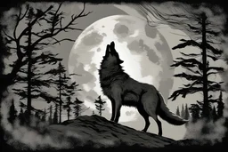 wolf howling at the moon, image in shades of gray, high quality of details
