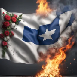 Hyper Realistic Israel flag burning & Palestine flag with flowers showing visible crack marks and embers in the central portion