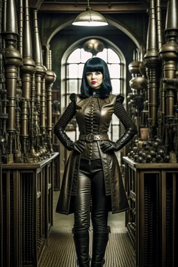 full-length pale dark-haired woman with a straight bob hairstyle with a fringe, in a steampunk leather outfit, and gloves, standing in a laboratory