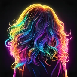 Créer une œuvre d'art néon vibrante et colorée représentant l'arrière de la tête d'une femme avec des cheveux mi-long ondulés. Les cheveux blonds doivent être illuminés comme une étoile. L'arrière-plan doit être sombre pour mettre en valeur la lueur des cheveux. Assurez-vous que les transitions de lumière et de couleur soient fluides et que le style général rappelle l'art néon rétro des années 80.