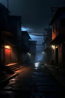 A dark, almost deserted street with some thieves roaming around, two roads with semi-dilapidated walls, rugged roads and slopes, some violent fights, knives, and the sale of drugs and alcohol under glowing lights.