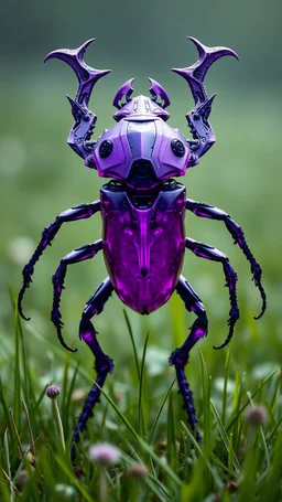 A dynamic view showcasing the fusion of organic and neumorphic elements, depicting a fully purple mecha-beetle. Its intricate mechanisms are driven by interlocking blade and complex mechanical blade embedded throughout its jelly frame. mist-grass standing on