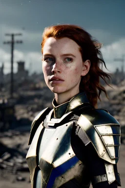 ultrarealistic, ruined city,__futuristic armor__, __angles__, 18 year old woman, strikingly beautiful, ginger hair, silver colour, [__starlets__|__starlets__], (pale __skincolor__ skin:1.2), __camera__, _hair_, detailed face and eyes, medium breasts, leather choker, freckles, dynamic pose, resolved expression, __accessory__, strappy outfit, (straps:1.1), sword in scabard on left hip, (buckles, buttons, snaps, rings:1.0), haltertop style breastplate, detailed eyes, plump lips, sci-fi theme