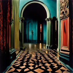 Strong texture, photorealism. Intricate patterns, hypermaximalist. Surreal, eerily mysterious, pastel colors. De Chirico, Italian horror, Dario Argento. Movie shot, spooky horror. 1970's Italian movie. 33mm photography.