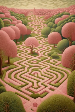 A rosy pink mystical maze painted by Grant Wood