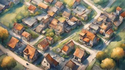 drawing, art style, a town from the sky, town from above, countryside, vertical camera