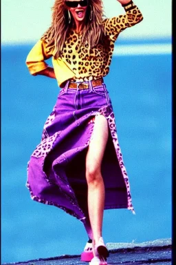 year 1996 denim fashion. Loose skirt, low waist. Colors: denim blue, blue, purple, cream, khaki, light green, lilac, plum, orange, terracotta, red, light yellow, lion yellow, pink, dark blue, beige. leopard, Cheetah . Kylie Minogue, Tyra Banks,Julia Roberts