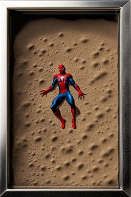 Spiderman's close up footprint lodged within sand in a neat, square display glass box, "spiderman" engraved on small metal plate outside of the box, realistic and highly detailed, 8k