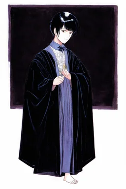 black hair, 19year old, male, wearing black robes, alchemist, in the style of Harry Clarke