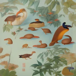 John James Audubon-like lithographic etching of a fully uncropped Dodo bird and a Platypus in a landscape of warm yellows, warm reds, and warm blues