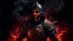 a warrior with bones sticking out of his chest and with eyes made of embers surrounded by smoke. he is fighting a fiend. dark horror setting. terrifying horror backgrund. blood, guts, gore. visceral.