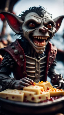 portrait of a vampire werewolf gremlin with mustage eating cheese and the blood of fish on a viking ship, in the style of Giger,bokeh like f/0.8, tilt-shift lens 8k, high detail, smooth render, down-light, unreal engine, prize winning