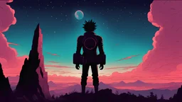 silhouette of Rick Sanchez very very very far away on top of a mountain in the distance, cinematic lighting, bright nebula sky at night