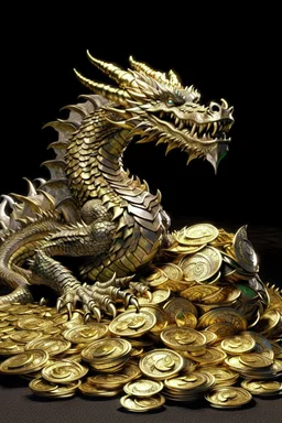 a hug dragon guarding af pile of small gold and silver coins. style of Larry Elmore.