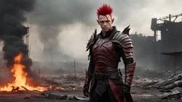 A male elf, 40 years old, 187, tall athletic build, golden yellow eyes, dark red hair, mohawk hairstyle, black leather armor, stands in a post-apocalyptic burning environment, in leather armor scar, skin red,