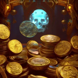 dynamic lighting, Intricately detailed, Splash screen art, deep color, Unreal Engine, volumetric lighting, silver coins, pile of coins, pirate treasure, stacked coins, cave, chest full of treasure,