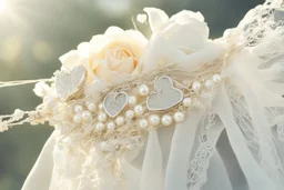 double exposure, garter flowers strung on wire with pearls and gems, heart and love, double exposure, merged layers, silver and gold tin foil, waterfall, in sunshine on a lace blanket