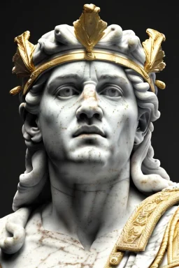 Ultra Realistic image, Roman sculpture, white marble material, Diego Maradona, gold laurel leaves crown, god crown, gold veins, gold ornaments, Renaissance style, sun rays background, waist up portrait, epic, celestial, cinematic lighting, God lights, 4k resolution, smooth details, soft lighting, unreal engine 5, art station, substance 3d.