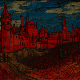 A dark red vampiric fortress painted by Vincent van Gogh