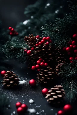 Christmas atmosphere, mysterious dark background, red berries, pine cones and branches, minimal snow, glitter, lots of space for text