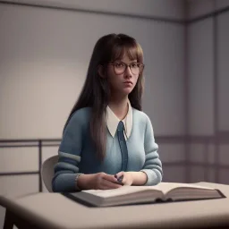 Study girl in university by the room, on book, movie, real photo realistic, unreal engine, cinematic lighting --ar 1:1 creative