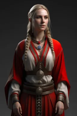 full length, tall, gangly, 22-year old, nordic looking female human cleric with a red beaded necklace