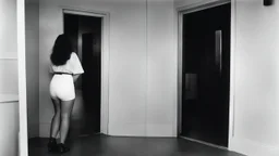 [photo by Russ Meyer, in the 90ties] facing a lonely smiling woman on the door step of an appartement, in gym, talking. we see the corridor behind her