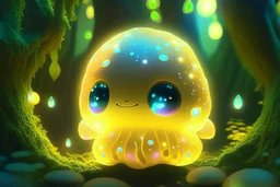 cute chibi slime radiant golden glow in mystical bioluminescent forest , highly detailed , cute facial features , 3D reflections