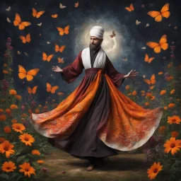 Hyper Realistic Sufi Whirling with Orange & Maroon painted cloth Islamic Sufi Rustic Grungy in a beautiful flower garden at dark night with butterflies & starts on sky