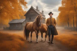Fascinating, ultra-realistic nature in the photo. Golden autumn. A 32-year-old man in 19th-century Russian clothes walks towards the horses with his head raised to the sky, a smile on his face. In the background, a 19th-century estate and three horses stand at the outhouse.