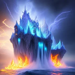 dragon flying over exploding ice castle, blue storm clouds and burning lightening