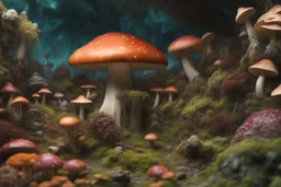 hyper-realistc fantasy garden of unearthly mushroom delights in the multiverse