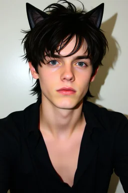 A young man with messy, medium length black hair, black cat ears on his head, blue eyes.