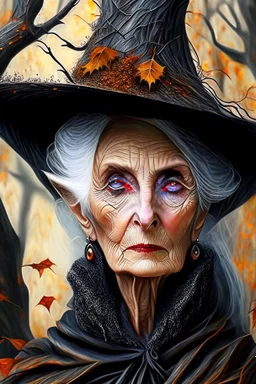 Old White-haired Witchery Witch in her pointed hat ready for the Coven in rusty autumn leaves and silver cobwebs. with burnished browns and abyss black.