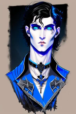 black haired blue eyed young man necromancer with gothic jewelry in the style of nagel