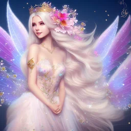 cute fantasy fairy with luminous wings, smiling, make up, long platinum blond hair with crown and flowers, pink dress, unreal engine