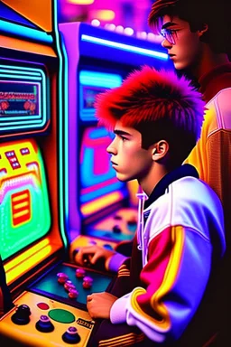 a millineal teenage boy is playing video arcade games, bright colored clothes from the 90s, hairstyles of that time