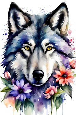 wolf realistic watercolor flowers