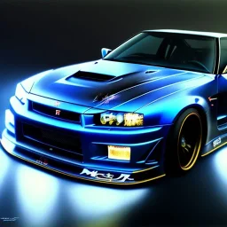 hyperrealism Drawing of 'Dark Blue Nissan Skyline GTR r34' three quarter frontal aerial view, by gaston bussiere, greg rutkowski, yoji shinkawa, yoshitaka amano, tsutomu nihei, donato giancola, tim hildebrandt,oil on canvas, cinematic composition,Sharp detail,extreme detail,fit full head inside picture,16k