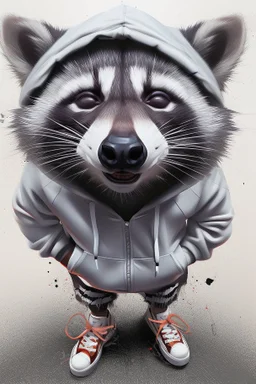 A cheeky raccoon, streetwear, hoody, sneakers,attitude,white background, 2d flat animation Drawing, wide view from below