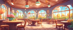 Background: detailed wholesome Bingo hall interior landscape, cozy wooden tables, chairs, 3D rounded shaded vector cartoon asset, mobile game cartoon stylized, crisp linework, clean Details: sunny day, windows, spring flowers in pots and vases Camera: frontal angle, 45° downward, 35 mm. Lighting: high noon sun, LED lights. cartoon style