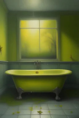 an oil painting of a bathtub in a foggy bathroom with fireflies
