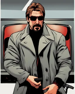 a young man with big muscles who looks like hans gruber wearing a heavy coat and red sunglasses staring with an irritated look on his face smashing a television