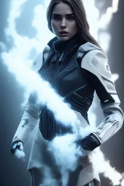 All Black suit Ana de Armas soldier, ghost, wearing high tech mask, white smoke, dark, rage, sorrow, high definition, ultra 8 k, volumetric lighting, blue fire, fog