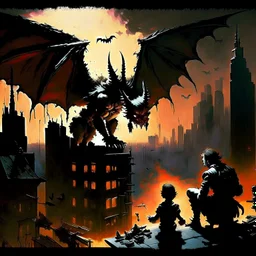 sketch-style painting high quality of a dragon art by Yoji Shinkawa and Valeria Burzo large bats in the background destroyed city budlings babies' in heaven